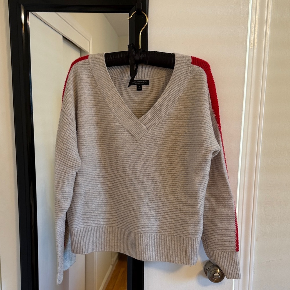 Banana Republic Cashmere Gray and Red V-Neck Sweater